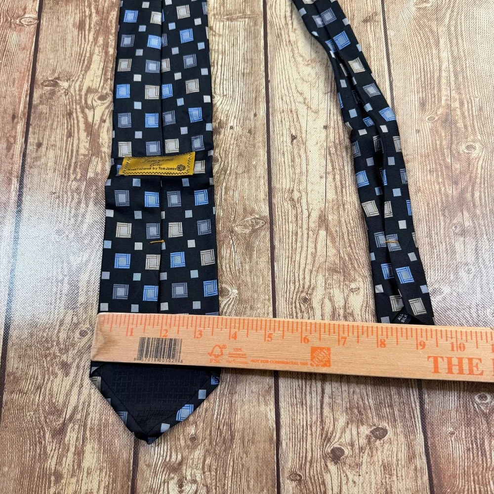 Tom James Innocenti Oro Necktie Men One Size Black Blue Geometric Silk Hand Made